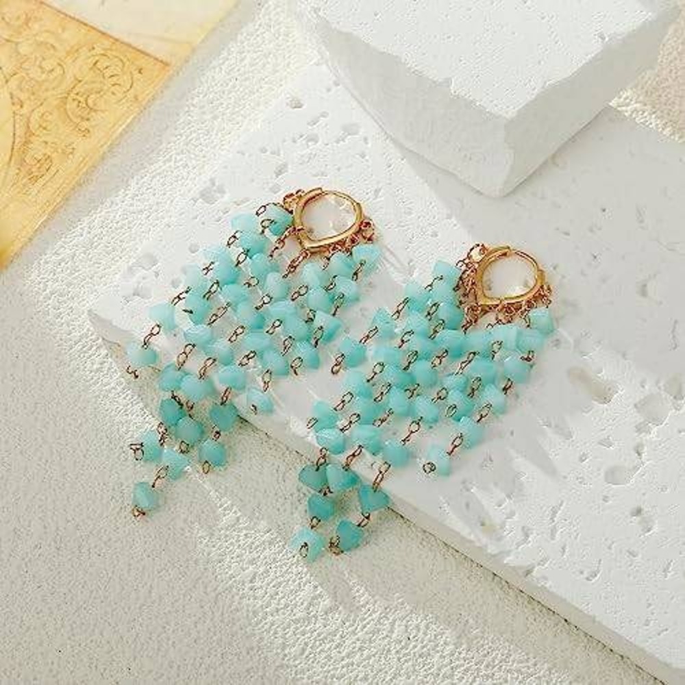 Seafoam Blue Heart Bead Chandelier Earrings Gold Tone Boho Drop Dangle Earrings